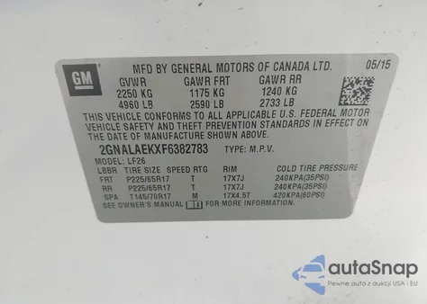 2015 Chevrolet Equinox Ls z USA, uszkodzony, nr VIN 2GNALAEKXF6382783